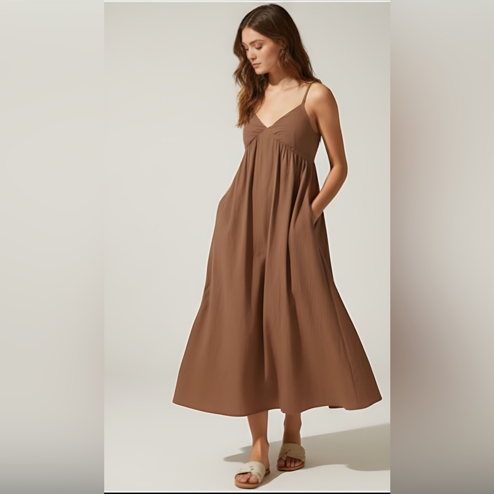 Cotton Spaghetti  Strap Loose Dress With Pockets Brown